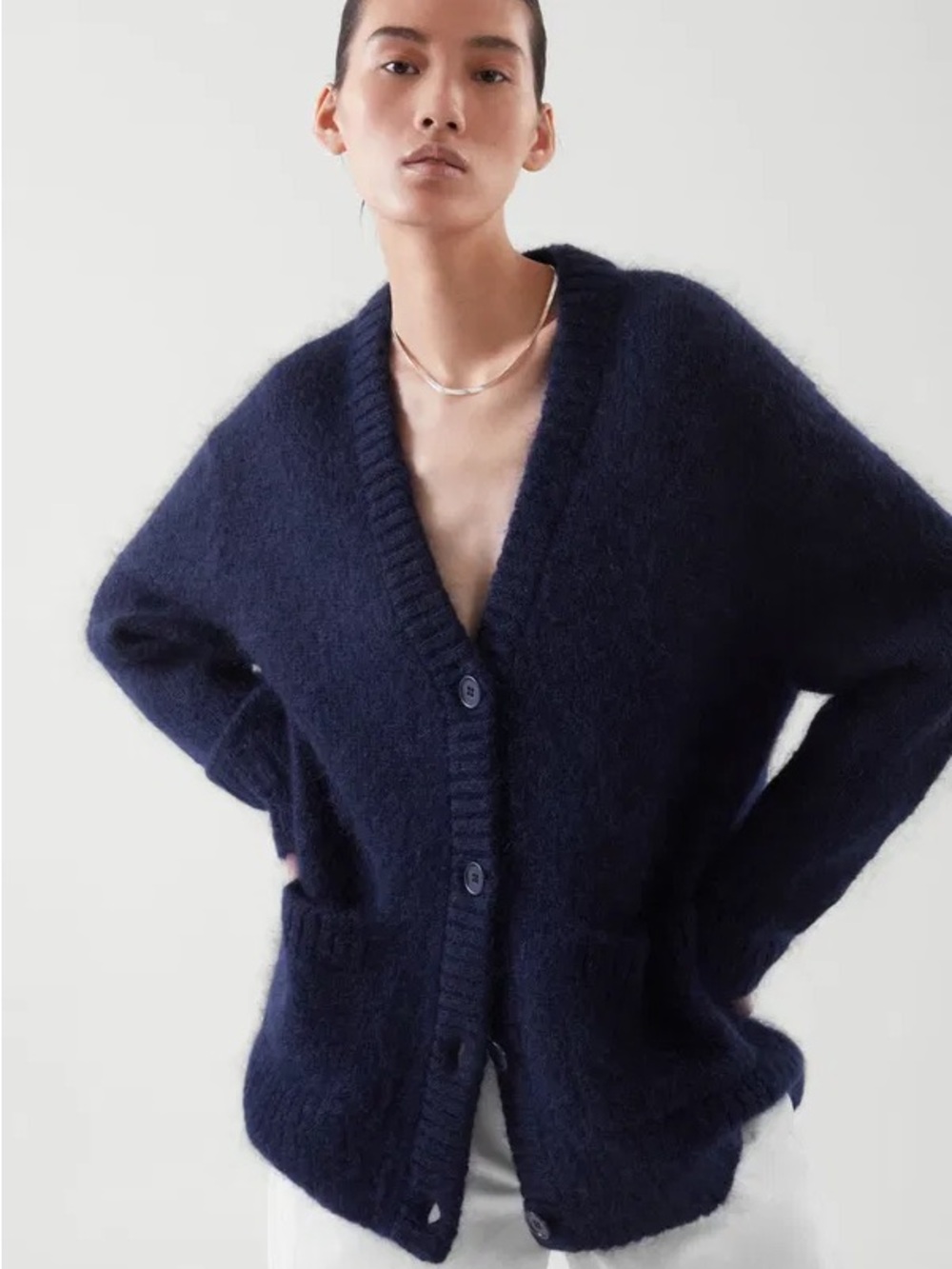 COS Navy Mohair-Blend V-Neck Button Cardigan
